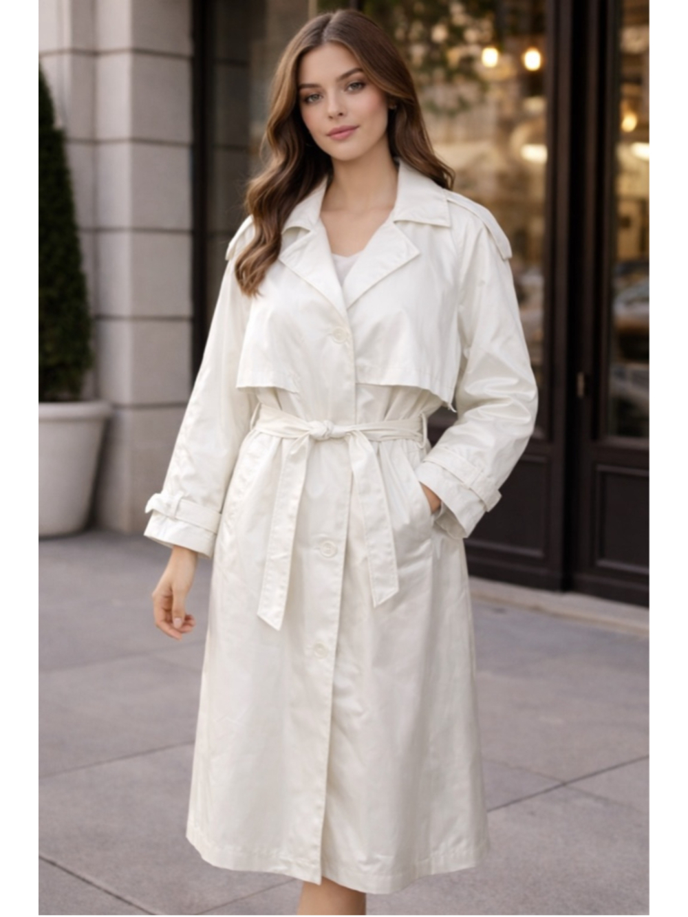 Worthington Essentials Women’s L Off-White Lightweight Trench Coat Quiet Luxury